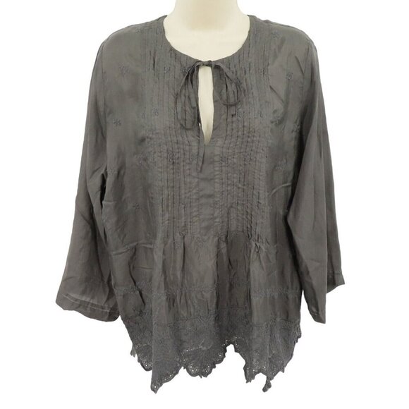 Johnny Was Vintage Women Medium Gray Embroidered Silk Keyhole Blouse Shirt Top - Picture 1 of 15
